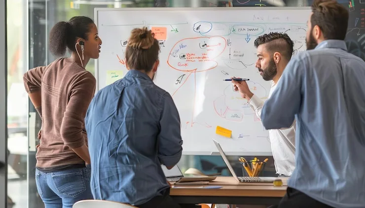 Four colleagues discussing a diagram drawn on a whiteboard