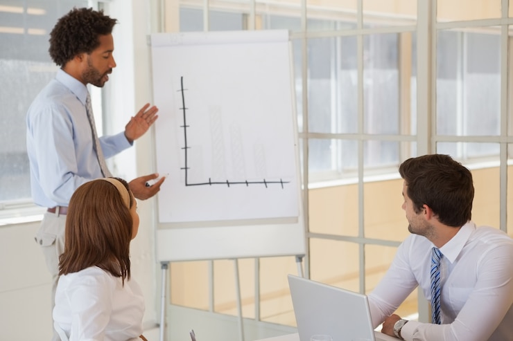 A presenter at a flip chart with an empty bar chart, two colleagues watching
